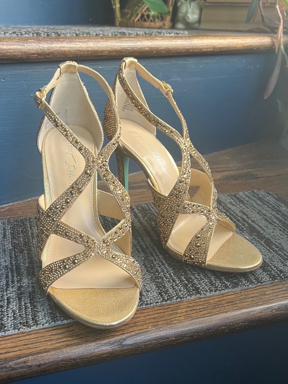 NWOT Betsey Johnson Gold Jeweled Strappy High Heel Shoe
